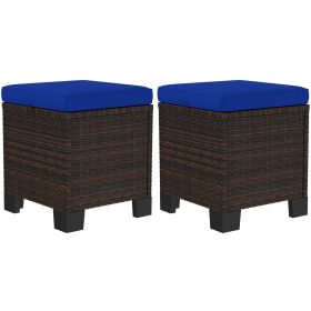 Outsunny 2 Pieces Wicker Outdoor Ottomans with Cushions, Rattan Ottoman Footrest & Side Table for Patio Yard Poolside, Dark Blue