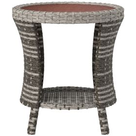 Outsunny 18" Wicker Outdoor Coffee Table, PE Rattan Patio Side Table with 2-Tier Storage, Composite Wood Top, Mixed Gray